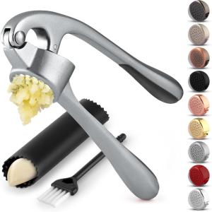 imageZulay Kitchen Large Premium Garlic Press Set  Bigger Bowl for Bigger Garlic  Rust Proof ampamp Dishwasher Safe Garlic Mincer Tool  EasySqueeze EasyClean Silicone Garlic Peeler ampamp Brush SilverSlate