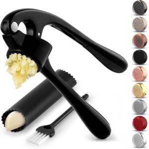 imageZulay Kitchen Large Premium Garlic Press Set  Bigger Bowl for Bigger Garlic  Rust Proof ampamp Dishwasher Safe Garlic Mincer Tool  EasySqueeze EasyClean Silicone Garlic Peeler ampamp Brush SilverElegant Black