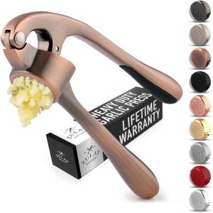 imageZulay Kitchen Large Premium Garlic Press Set  Bigger Bowl for Bigger Garlic  Rust Proof ampamp Dishwasher Safe Garlic Mincer Tool  EasySqueeze EasyClean Silicone Garlic Peeler ampamp Brush SilverCopper