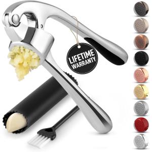 imageZulay Kitchen Large Premium Garlic Press Set  Bigger Bowl for Bigger Garlic  Rust Proof ampamp Dishwasher Safe Garlic Mincer Tool  EasySqueeze EasyClean Silicone Garlic Peeler ampamp Brush SilverChrome Silver