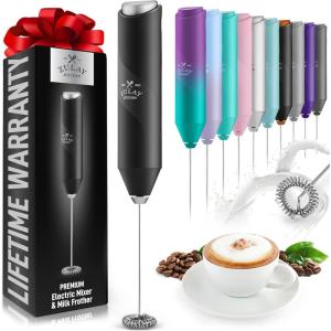 imageZulay Powerful Milk Frother Wand  Mini Milk Frother Handheld Stainless Steel  Battery Operated Drink Mixer for Coffee Lattes Cappuccino Matcha  FrothMate Milk Frother Gift  Black ampamp CopperAlpha Black