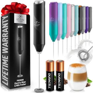 imageZulay Powerful Milk Frother Wand  Mini Milk Frother Handheld Stainless Steel  Battery Operated Drink Mixer for Coffee Lattes Cappuccino Matcha  FrothMate Milk Frother Gift  Black ampamp CopperBlack  2 Duracell Batteries