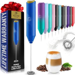 imageZulay Powerful Milk Frother Wand  Mini Milk Frother Handheld Stainless Steel  Battery Operated Drink Mixer for Coffee Lattes Cappuccino Matcha  FrothMate Milk Frother Gift  Black ampamp CopperSapphire Goldenrod