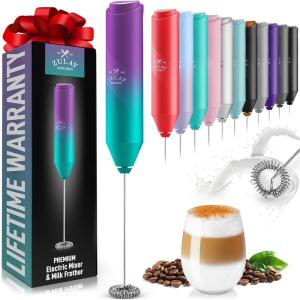 imageZulay Powerful Milk Frother Wand  Mini Milk Frother Handheld Stainless Steel  Battery Operated Drink Mixer for Coffee Lattes Cappuccino Matcha  FrothMate Milk Frother Gift  Black ampamp CopperTeal Purple Blend
