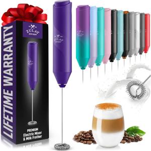 imageZulay Powerful Milk Frother Wand  Mini Milk Frother Handheld Stainless Steel  Battery Operated Drink Mixer for Coffee Lattes Cappuccino Matcha  FrothMate Milk Frother Gift  Black ampamp CopperDeep Purple