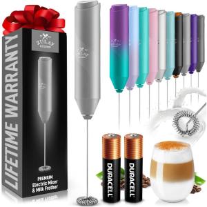 imageZulay Powerful Milk Frother Wand  Mini Milk Frother Handheld Stainless Steel  Battery Operated Drink Mixer for Coffee Lattes Cappuccino Matcha  FrothMate Milk Frother Gift  Black ampamp CopperGray