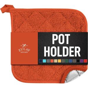 imageZulay 1Pack Pot Holders for Kitchen Heat Resistant Cotton  7x7 Inch Hot Pot Holder Set  Quilted Terry Cloth Potholders for Kitchens  Washable Potholder for Cooking ampamp Baking AquaPumpkin Orange