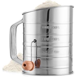 imageZulay 3 Cup Stainless Steel Flour Sifter  Fine Mesh Rotary Hand Crank Flour Sifter with Agitator Wire Loop For Baking Cakes Pastries Pies Cupcakes and Desserts