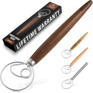 imageZulay Kitchen 13 Inch Danish Dough Whisk  Large Wooden Danish Whisk For Dough With Stainless Steel Ring  Traditional Dutch Whisk Baking Tool For Bread Batter Cake Pastry Acacia WoodCarbonized Ashwood