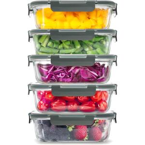 imageZulay Kitchen 5 Pack Glass Meal Prep Containers with Lids  Airtight Premium Borosilicate Glass Food Storage Containers  Microwave Freezer ampamp Oven Safe BPA Free  Gray