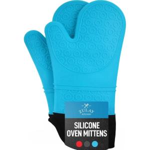 imageZulay Kitchen Silicone Oven Mitts  Textured Non Slip Grip Oven Mitts Heat Resistant  Extra Long Protective Oven Gloves are Perfect for Baking Grilling BBQ and Cooking  Set of 2 Light BlueLight Blue