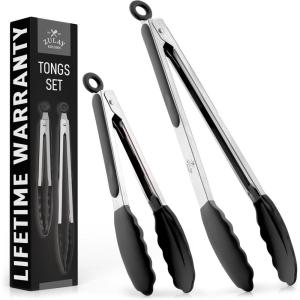 imageZulay 12 Inch Stainless Steel Tongs For Cooking  Scallop Head Edge Kitchen Tongs  Easy Grip BBQ Grill Tongs With Lock Mechanism  Heavy Duty Metal Tongs For Barbecue Cooking Frying and MoreSilver  Black