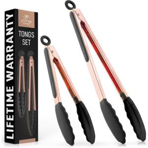 imageZulay 12 Inch Stainless Steel Tongs For Cooking  Scallop Head Edge Kitchen Tongs  Easy Grip BBQ Grill Tongs With Lock Mechanism  Heavy Duty Metal Tongs For Barbecue Cooking Frying and MoreRose Gold  Black