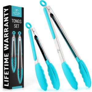 imageZulay 12 Inch Stainless Steel Tongs For Cooking  Scallop Head Edge Kitchen Tongs  Easy Grip BBQ Grill Tongs With Lock Mechanism  Heavy Duty Metal Tongs For Barbecue Cooking Frying and MoreSilver  Aqua Sky
