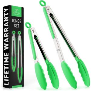 imageZulay 12 Inch Stainless Steel Tongs For Cooking  Scallop Head Edge Kitchen Tongs  Easy Grip BBQ Grill Tongs With Lock Mechanism  Heavy Duty Metal Tongs For Barbecue Cooking Frying and MoreSilver  Light Green