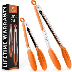 imageZulay 12 Inch Stainless Steel Tongs For Cooking  Scallop Head Edge Kitchen Tongs  Easy Grip BBQ Grill Tongs With Lock Mechanism  Heavy Duty Metal Tongs For Barbecue Cooking Frying and MoreSilver  Orange
