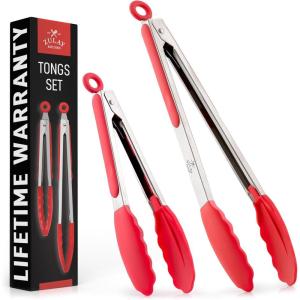 imageZulay 12 Inch Stainless Steel Tongs For Cooking  Scallop Head Edge Kitchen Tongs  Easy Grip BBQ Grill Tongs With Lock Mechanism  Heavy Duty Metal Tongs For Barbecue Cooking Frying and MoreSilver  Soft Red
