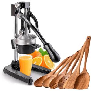 imageZulay CastIron Orange Juice Squeezer Professional Citrus Juicer and 6 Piece Wooden Spoons for Cooking