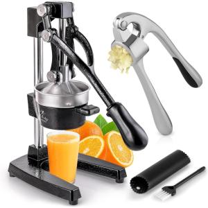 imageZulay CastIron Orange Juice Squeezer Professional Citrus Juicer and Garlic Press with Soft Easy to Squeeze Handle  Includes Silicone Garlic Peeler ampamp Cleaning Brush