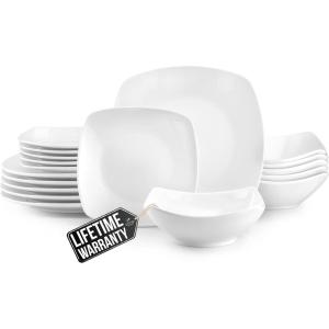 imageZulay Kitchen Luna Plates and Bowls Sets 16 Piece Modern Porcelain Dish Set for 4 Chip and Scratch Resistant Square Dinnerware Set Microwave and Dishwasher Safe Pearl White18 Piece  Service for 6