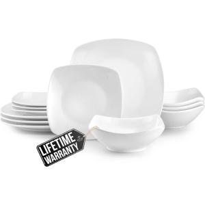 imageZulay Kitchen Luna Plates and Bowls Sets 16 Piece Modern Porcelain Dish Set for 4 Chip and Scratch Resistant Square Dinnerware Set Microwave and Dishwasher Safe Pearl White12 Piece  Service for 4