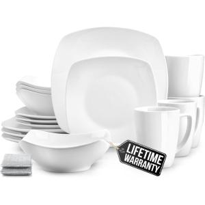 imageZulay Kitchen Luna Plates and Bowls Sets 16 Piece Modern Porcelain Dish Set for 4 Chip and Scratch Resistant Square Dinnerware Set Microwave and Dishwasher Safe Pearl White16 Piece  Service for 4