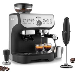 imageZulay Kitchen Magia Manual Espresso Machine with Grinder and Extra Large 2L Removable Water Tank and Executive Milk Frother with Stand