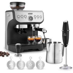 imageZulay Kitchen Magia Manual Espresso Machine with Grinder and Extra Large 2L Removable Water Tank and Milk Frother with Complete Set