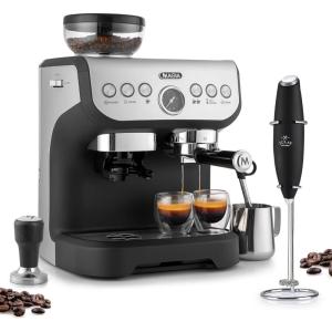 imageZulay Kitchen Magia Manual Espresso Machine with Grinder and Extra Large 2L Removable Water Tank and Original Milk Frother with Stand