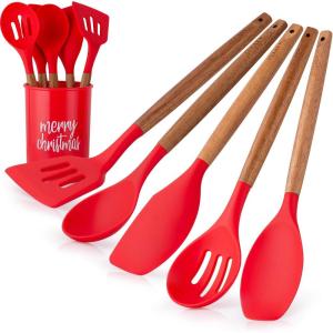 imageZulay Kitchen NonStick Silicone Utensils Set 5Piece with Authentic Acacia Wood Handles ampamp Utensil Holder  Silicone Cooking Utensils Set  Silicone Spatula Set  Spatula Silicone Cooking Set