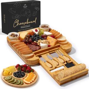 imageZulay Kitchen Premium Bamboo Cheese Board Set  Extra Thick Bamboo Charcuterie Board Set with 4 Piece Knife Set  Wooden Cheese Board is Perfect for Charcuterie Wine and Cheese Party SetIcon Set