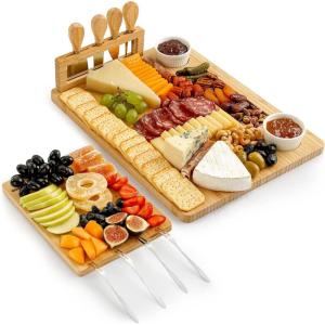 imageZulay Kitchen Premium Bamboo Cheese Board Set  Extra Thick Bamboo Charcuterie Board Set with 4 Piece Knife Set  Wooden Cheese Board is Perfect for Charcuterie Wine and Cheese Party SetPlatter Set