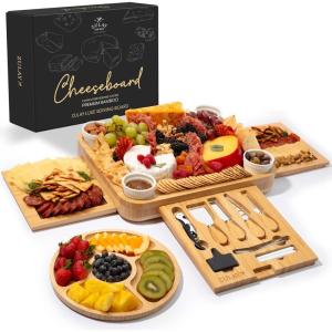 imageZulay Kitchen Premium Bamboo Cheese Board Set  Extra Thick Bamboo Charcuterie Board Set with 4 Piece Knife Set  Wooden Cheese Board is Perfect for Charcuterie Wine and Cheese Party SetLuxe Set
