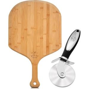 imageZulay Kitchen Premium Pizza Cutter  Durable Stainless Steel Pizza Cutter Wheel and Wooden Pizza Peel  Large 15quot Pizza Paddle With Extra Long Handles