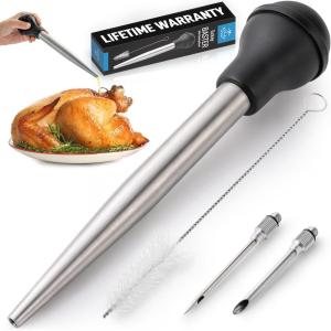 imageZulay Kitchen Stainless Steel Turkey Baster for Cooking  Food Grade Metal Turkey Baster Syringe ampamp Silicone Suction Bulb  Turkey Baster Large Size  Includes 2 Detachable Needles and Cleaning BrushStainless Steel