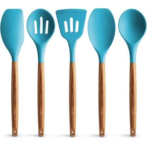 imageZulay Kitchen Utensils Set NonStick Silicone Cooking Utensils Set with Authentic Acacia Wood Handles  5 Piece Silicone Utensil Set  Silicone Kitchen Utensils Set with 464F Heat Resistance  BlueBlue