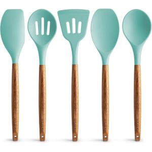 imageZulay Kitchen Utensils Set NonStick Silicone Cooking Utensils Set with Authentic Acacia Wood Handles  5 Piece Silicone Utensil Set  Silicone Kitchen Utensils Set with 464F Heat Resistance  BlueSky Aqua