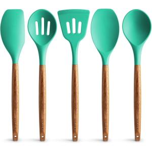 imageZulay Kitchen Utensils Set NonStick Silicone Cooking Utensils Set with Authentic Acacia Wood Handles  5 Piece Silicone Utensil Set  Silicone Kitchen Utensils Set with 464F Heat Resistance  BlueMint
