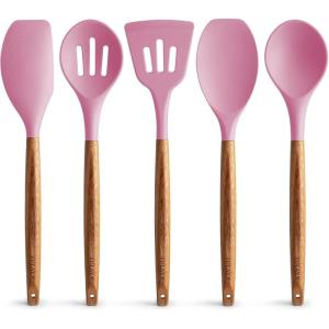 imageZulay Kitchen Utensils Set NonStick Silicone Cooking Utensils Set with Authentic Acacia Wood Handles  5 Piece Silicone Utensil Set  Silicone Kitchen Utensils Set with 464F Heat Resistance  BluePink