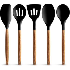 imageZulay Kitchen Utensils Set NonStick Silicone Cooking Utensils Set with Authentic Acacia Wood Handles  5 Piece Silicone Utensil Set  Silicone Kitchen Utensils Set with 464F Heat Resistance  BlueBlack