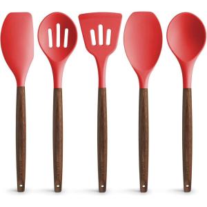 imageZulay Kitchen Utensils Set NonStick Silicone Cooking Utensils Set with Authentic Acacia Wood Handles  5 Piece Silicone Utensil Set  Silicone Kitchen Utensils Set with 464F Heat Resistance  BlueRed