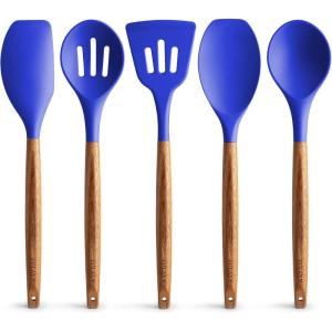 imageZulay Kitchen Utensils Set NonStick Silicone Cooking Utensils Set with Authentic Acacia Wood Handles  5 Piece Silicone Utensil Set  Silicone Kitchen Utensils Set with 464F Heat Resistance  BlueRoyal Blue