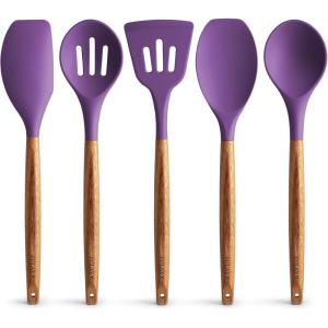 imageZulay Kitchen Utensils Set NonStick Silicone Cooking Utensils Set with Authentic Acacia Wood Handles  5 Piece Silicone Utensil Set  Silicone Kitchen Utensils Set with 464F Heat Resistance  BluePurple