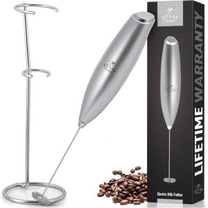imageZulay Powerful Silver Milk Frother for Coffee with Upgraded Titanium Motor  Handheld Frother Electric Whisk Mini Mixer with Silver Original Heavy Duty Frother Stand Ideal For Handheld Frothers