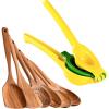 imageZulay Metal 2In1 Lemon Lime Squeezer  Hand Juicer Lemon Squeezer Gets Every Last Drop and 6 Piece Wooden Spoons for Cooking
