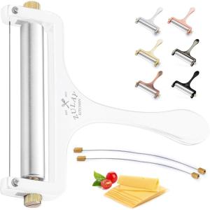 imageZulay Cheese Slicer With Adjustable Thickness  Wire Cheese Slicer For Mozzarella Cheese Cheddar Cheese Gouda Cheese  Cheese Slicers For Block Cheese Heavy Duty With 2 Extra Wires CopperFrosted White