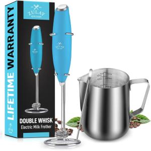 imageZulay Kitchen Double Whisk Teal Milk Frother Handheld Mixer and 12oz Stainless Steel Milk Frothing Pitcher Milk Frother Cup  EasytoClean Espresso Accessories