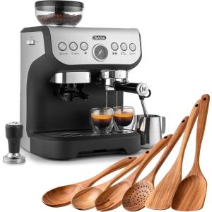 imageZulay Kitchen Magia Manual Espresso Machine with Grinder and Extra Large 2L Removable Water Tank and 6 Piece Wooden Spoons for Cooking