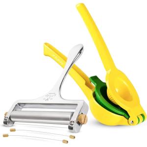 imageZulay Metal 2In1 Lemon Lime Squeezer  Hand Juicer Lemon Squeezer Gets Every Last Drop with Cheese Slicer With Adjustable Thickness
