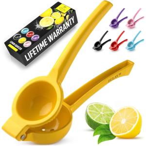 imageZulay Premium Quality Metal Lemon Squeezer Citrus Juicer Manual Press for Extracting the Most Juice Possible  PurpleBright Yellow